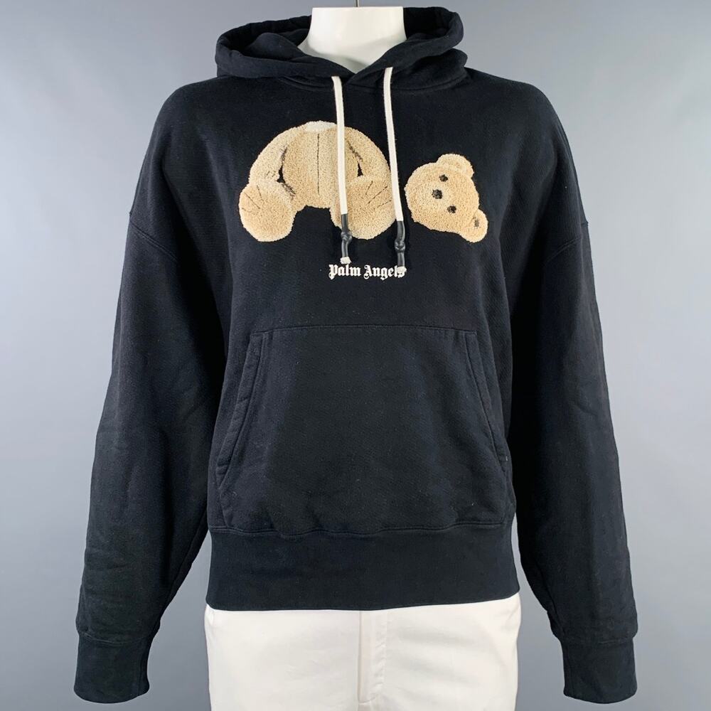 PALM ANGELS Size XXL Black Beige Tufted Headless Bear Cotton Hooded Sweatshirt